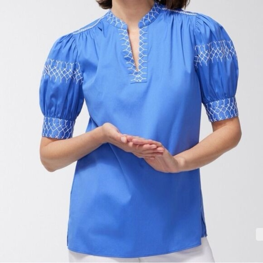 Chico's Poplin Drama Sleeve Top with‎ White Stitching Embroidery Size 12